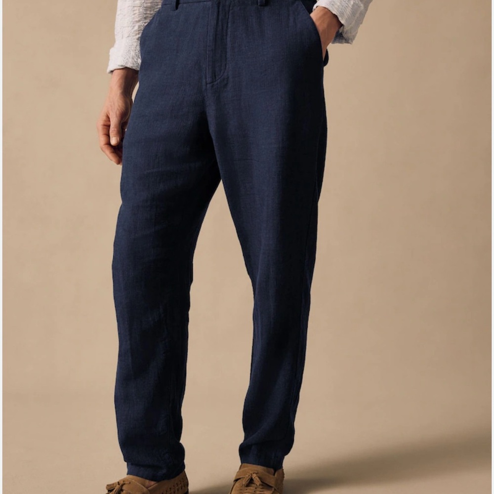 Next Dark Blue Textured Linen-Blend Trousers